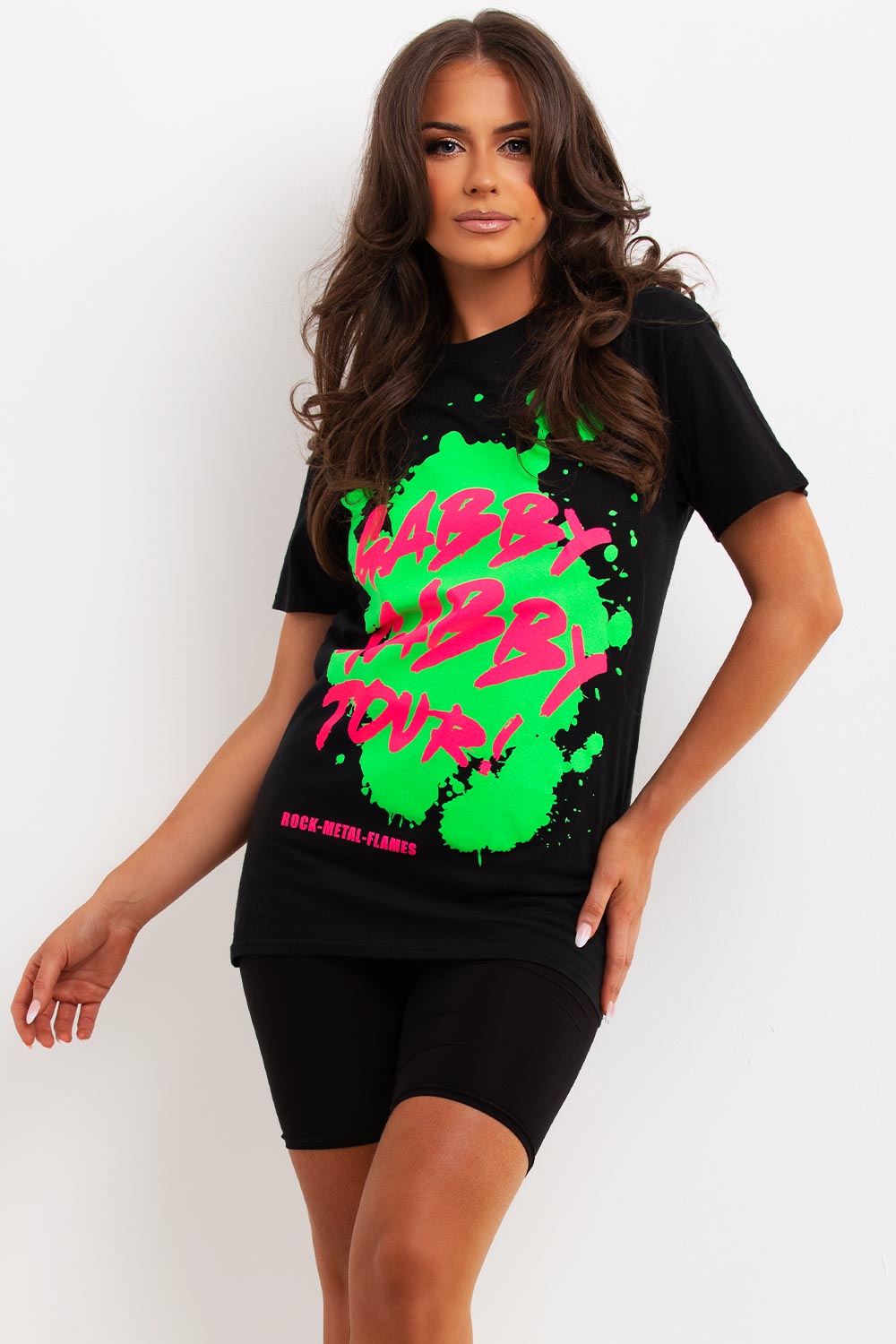womens black t shirt with gabby gabby neon graphic slogan