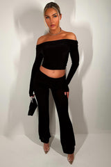 fold detail flare trousers and off shoulder long sleeve crop top two piece set going out meal brunch outfit black