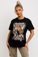 womens black oversized t shirt with teddy bear graphic