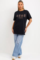 womens black oversized t shirt with bebe paris slogan