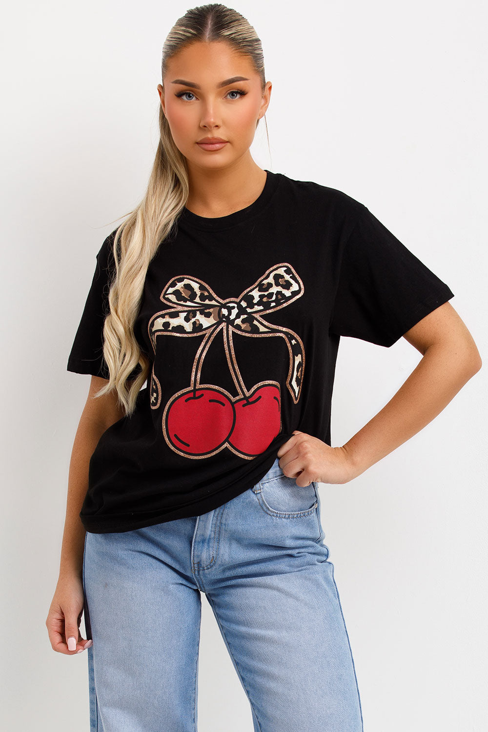 womens cherry t shirt with leopard print