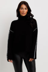 womens high neck contrast stitch knitted jumper