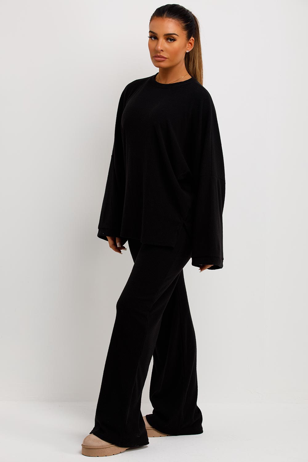 womens drop shoulder oversized ribbed top and trousers loungewear co ord set