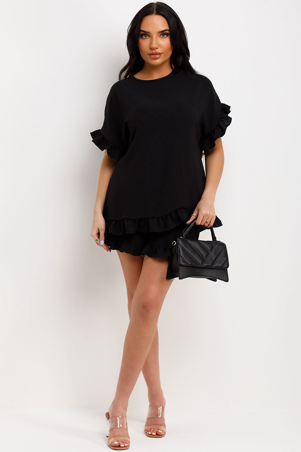 womens black short sleeve frill ruffle blouse and shorts two piece set summer holiday outfit
