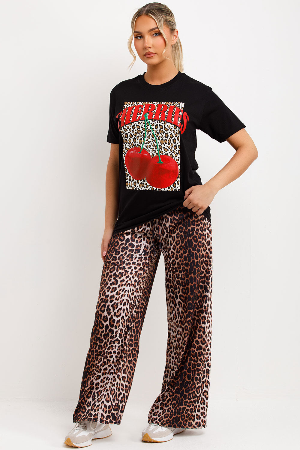 womens black oversized t shirt with cherries print