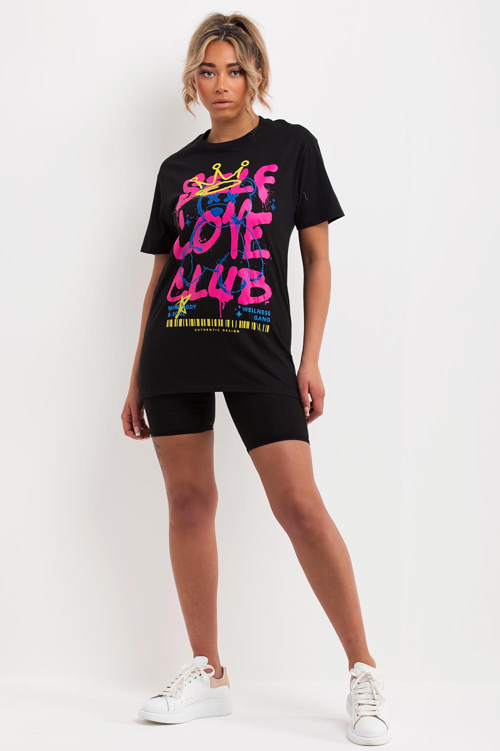 womens black oversized t shirt with self love club print
