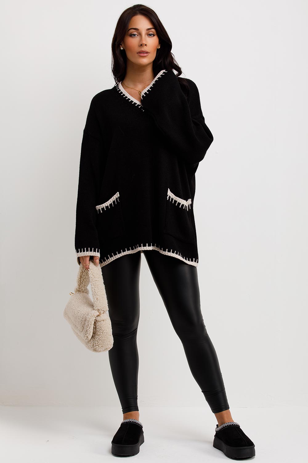 womens knitted oversized jumper with contrast stitches