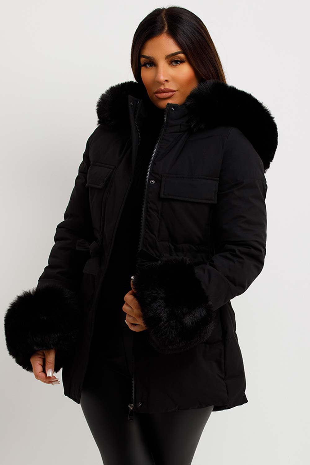 womens padded puffer coat with fur hood and cuff