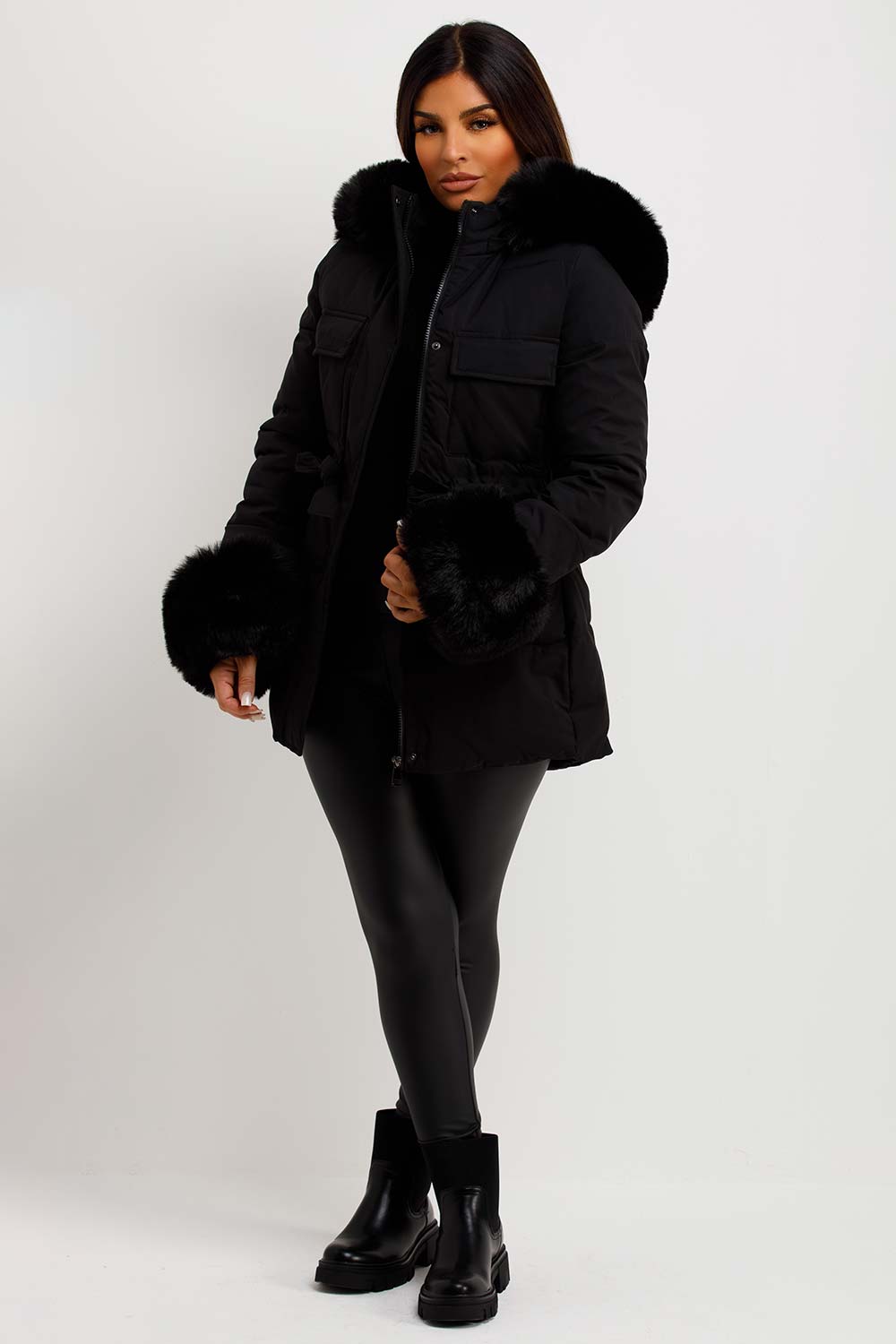 womens faux fur hood padded puffer coat with fur cuff