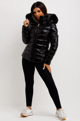 womens puffer padded shiny jacket with fur hood