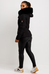 black puffa jacket with faux fur hood and belt womens