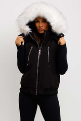 womens crop gilet with white faux fur hood moose knuckles canada