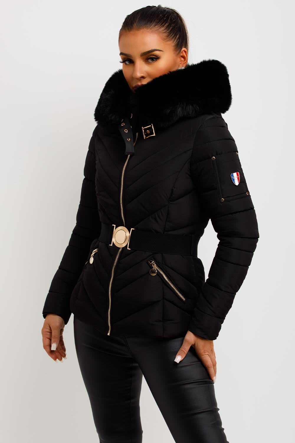 womens fur hood puffer jacket with belt