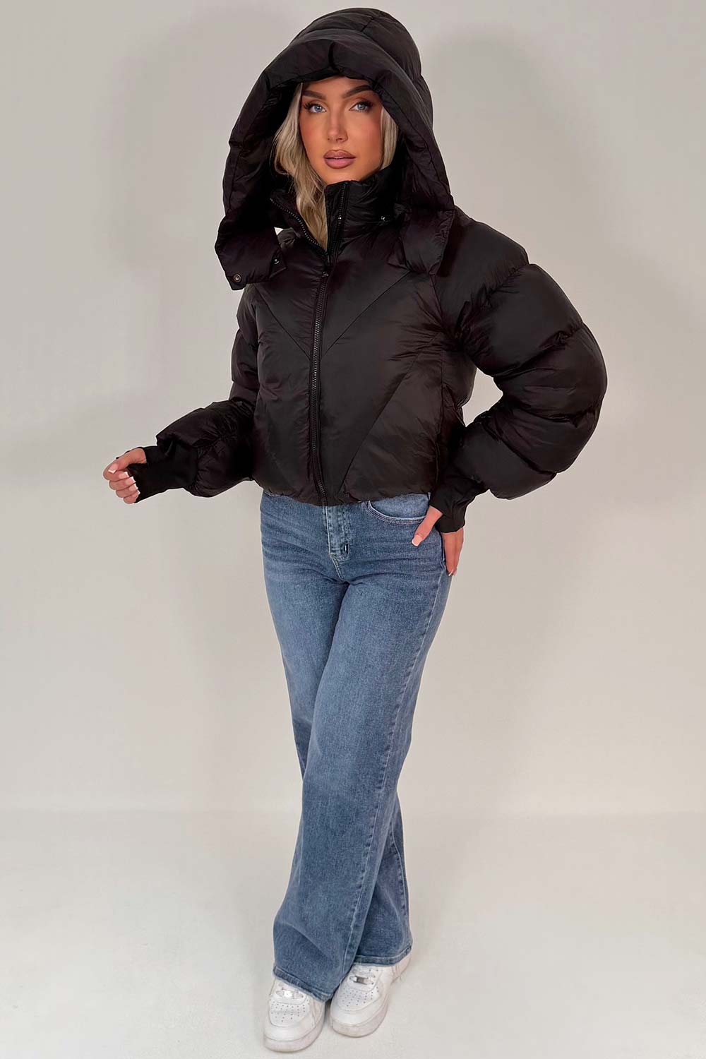 womens puffer padded puffer crop jacket with hood black styledup outerwear 