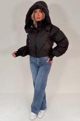 womens puffer padded puffer crop jacket with hood black styledup outerwear 