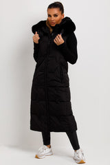 faux fur hood long gilet padded puffer