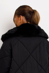 womens quilted padded puffer long coat with faux fur collar styled up