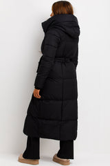 womens long black puffer padded coat with hood and belt for winter