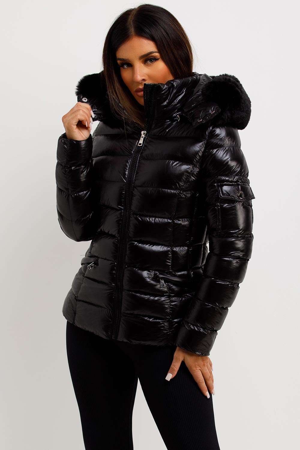 womens black shiny puffer jacket with fur hood