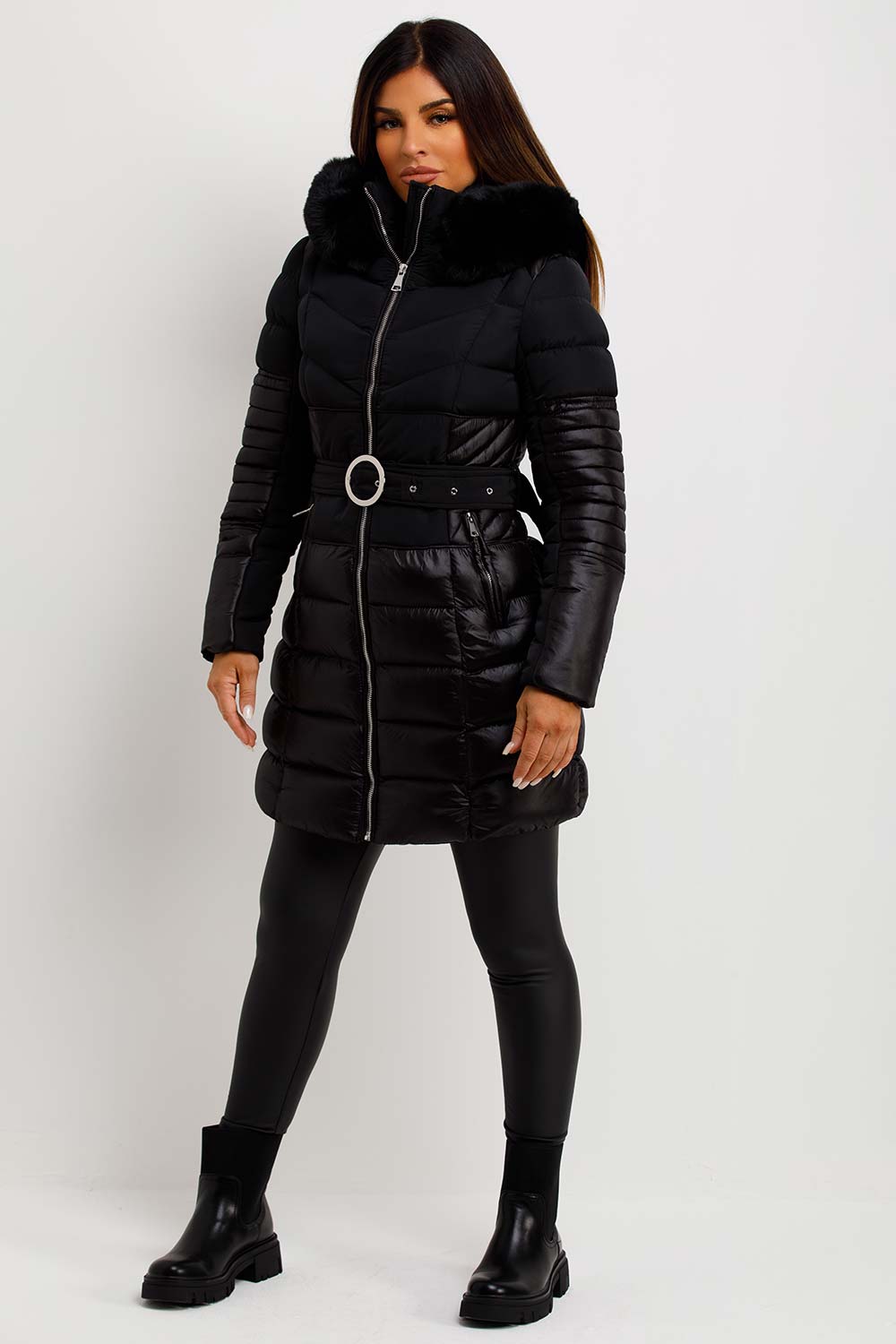womens shiny puffer coat with faux fur hood and belt