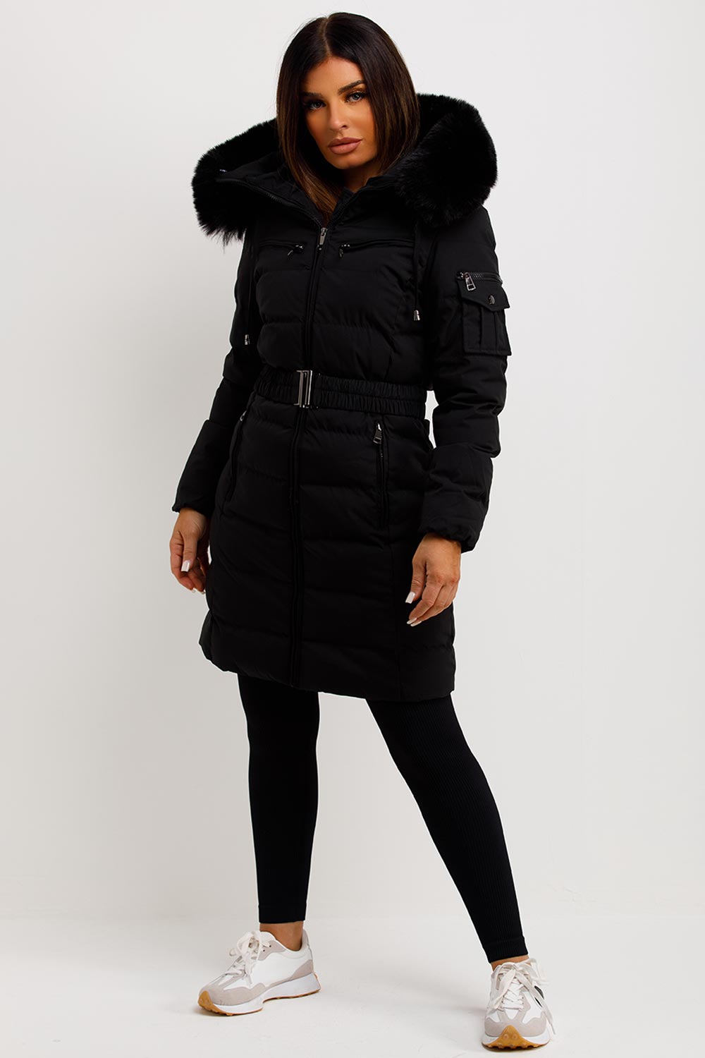 womens long puffer padded coat with faux fur hood and belt