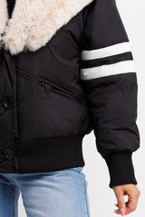 womens faux fur aviator jacket with stripes on sleeves styledup fashion