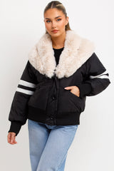 womens aviator jacket with faux fur collar and stripes