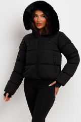 black padded puffer jacket with faux fur hood womens