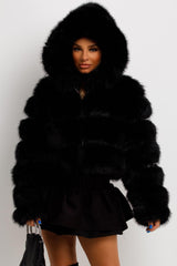womens black faux fur coat with hood