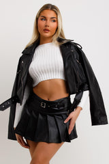 faux leather pleated mini skirt with belt