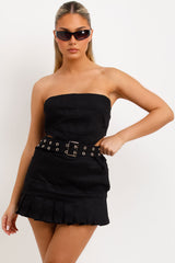 bandeau corset crop top and pleated mini skirt co ord set black