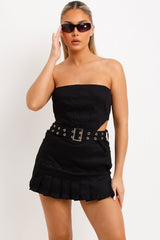 mini pleated belted skirt and bandeau corset crop top two piece set festival rave outfit womens