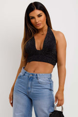 going out sparkly halterneck crop top festival rave party top