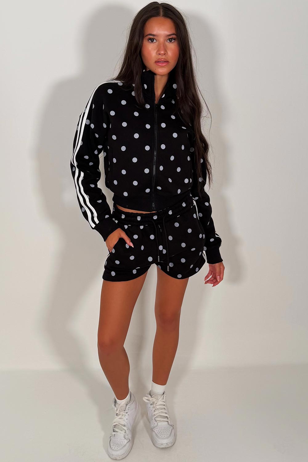 black short tracksuit polka dot print womens summer holiday airport outfit set styledup uk