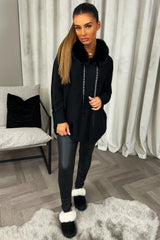 knitted jumper with fur hood black