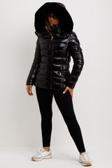 womens fur hood puffer jacket black 