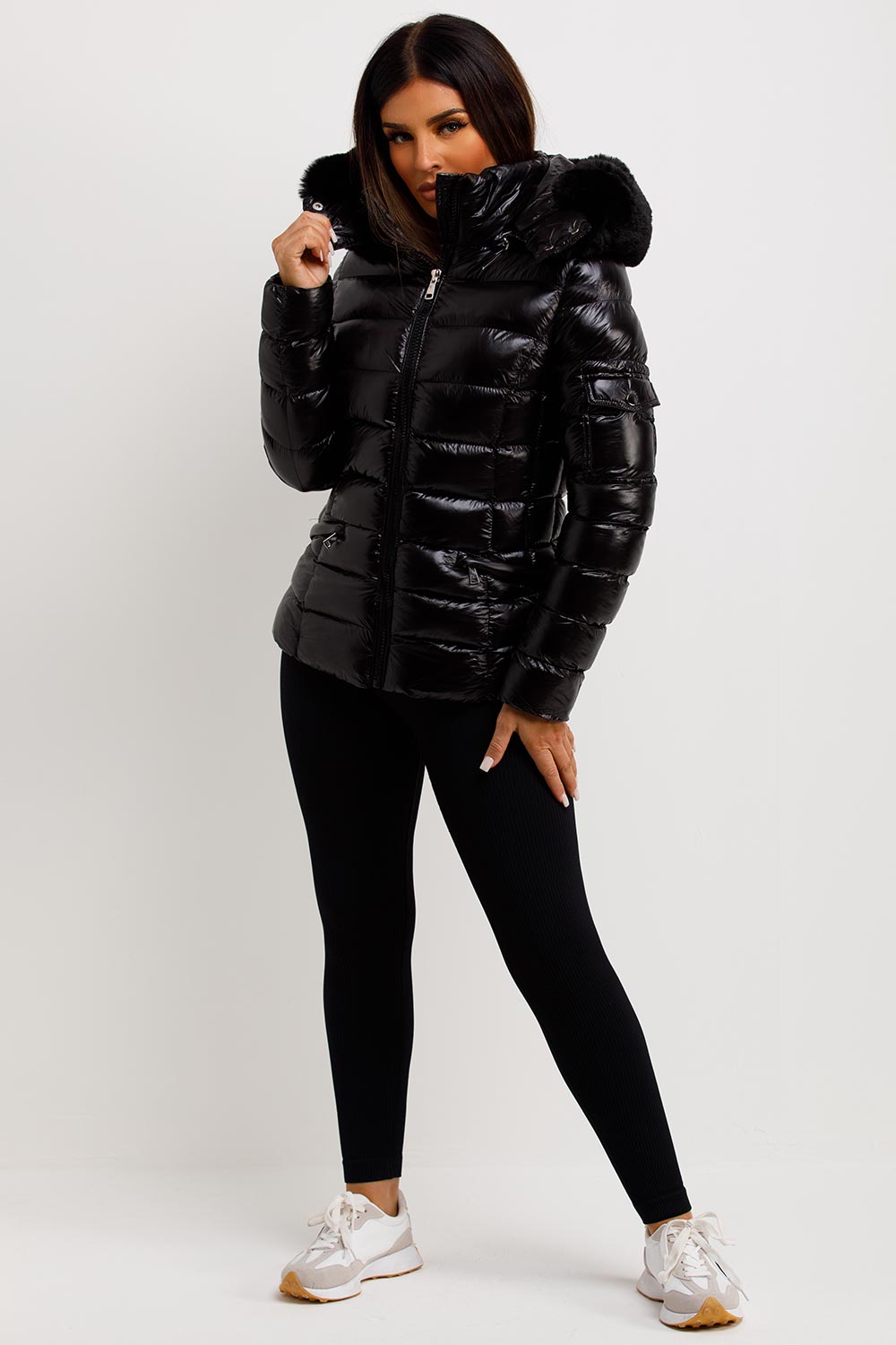 womens black shiny puffer jacket with fur hood sale