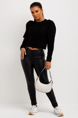 puff shoulder crop knitted jumper with long sleeves