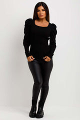 womens rib jumper with puff sleeves