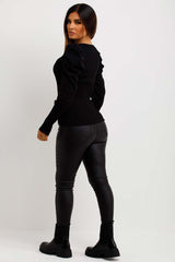 womens black knitted jumper with puff sleeves
