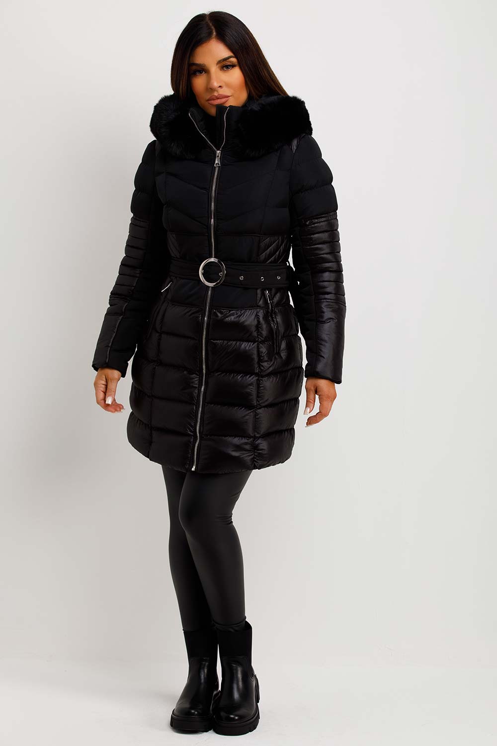 womens fur hood padded puffer coat with belt