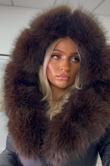 black puffer coat with big fur hood and belt styledup uk