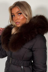 faux fur hood padded puffer winter jacket with cinched waist belt mob wife look styledup uk