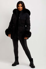 faux fur cuff and hood puffer coat with drawstring waist womens