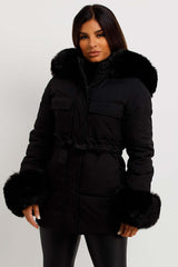 womens fur hood padded puffer coat with fur cuff