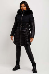 womens long puffer coat with fur hood and belt sale uk