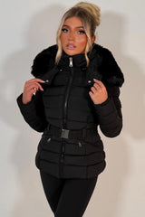 womens black puffer padded thik warm jacket with hood for winter styledup uk