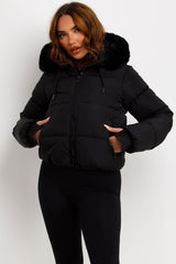 womens black puffer padded jacket with faux fur hood