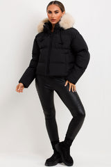 faux fur hood padded puffer short jacket for womens styled up