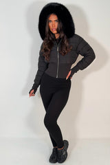 black faux fur hooded padded puffer jacket styledup uk